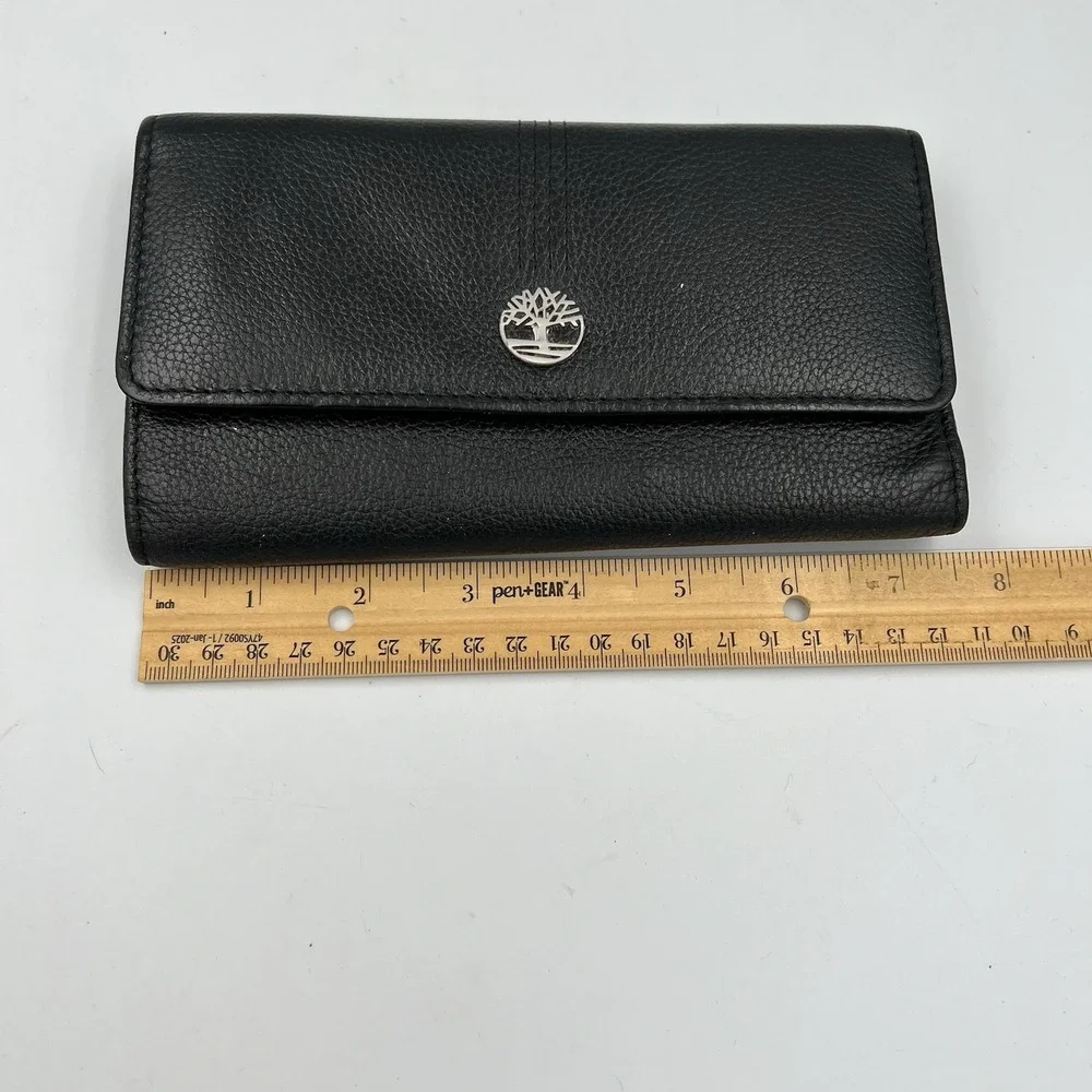 Timberland Pebbled Leather Black Wallet Women's Trifold Cardholder Clutch Flap